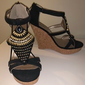Black & Gold Beaded Wedges Size 8 1/2